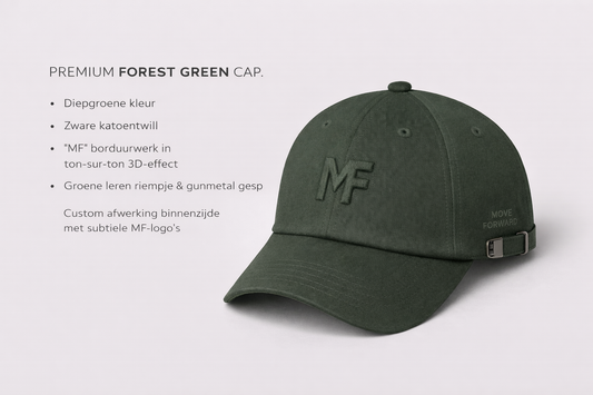 Motifaith Signature Cap Minimalistische cap met geborduurd MF-logo en subtiele “Move Forward” tekst.